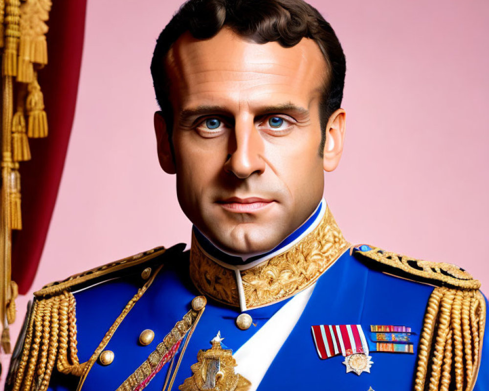 Person in Ornate Military Uniform on Pink Background