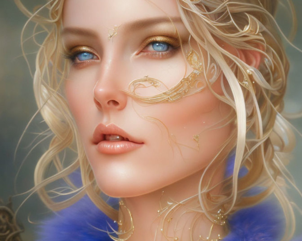 Blonde Woman Portrait with Blue Eyes and Golden Jewelry