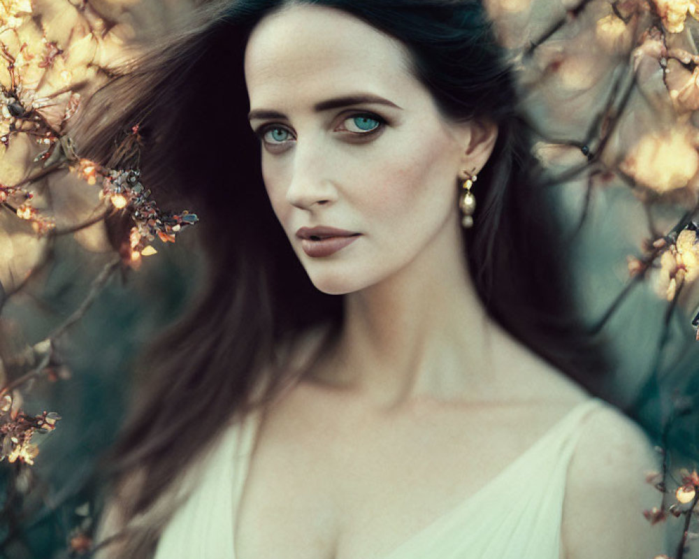Dark-haired woman with striking blue eyes in white dress surrounded by lit-up bokeh and twigs.