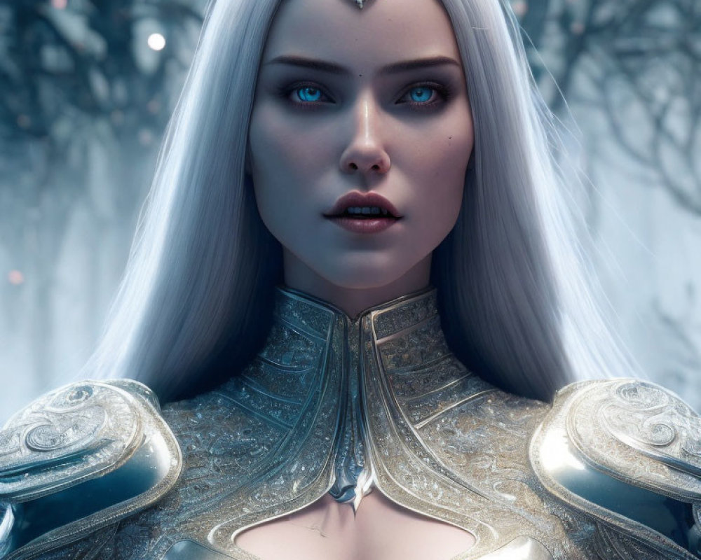 Fantastical female character with blue eyes and white hair in silver armor in wintry backdrop.