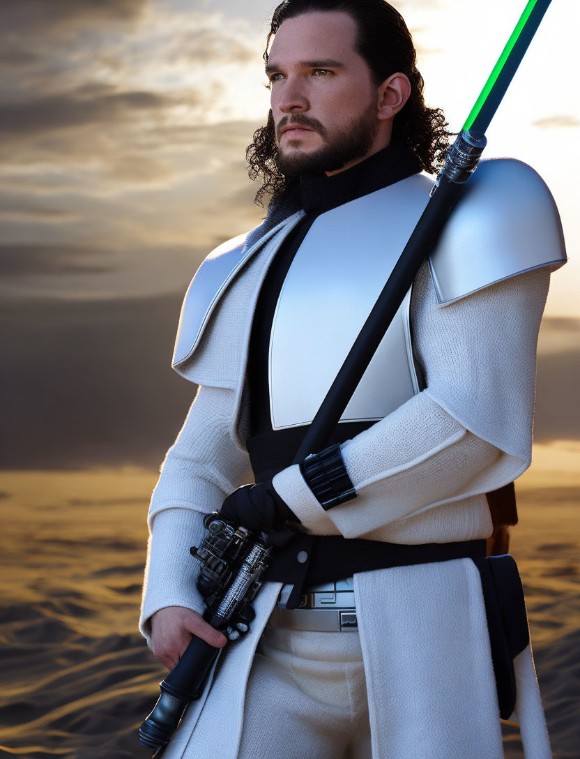 Sci-fi character in white and black attire wields green lightsaber under dramatic sky