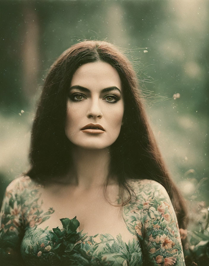 Woman with Striking Eyes and Floral Tattoos in Serene Forest Setting