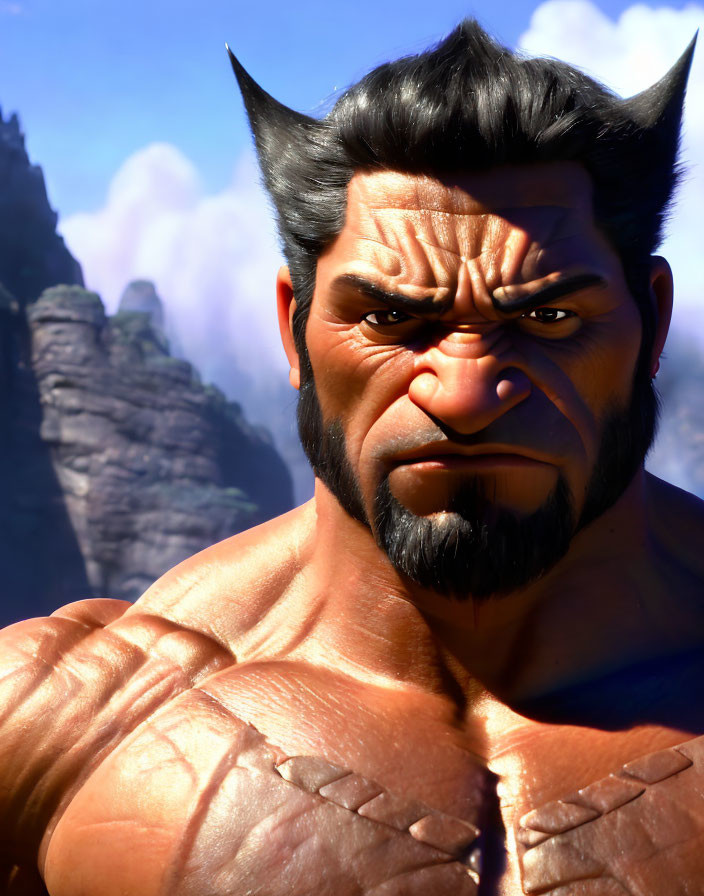 Muscular character with pointed ears, stern expression, beard, and spiked hair.