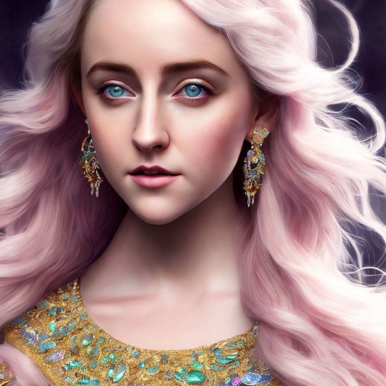 Portrait of woman with pastel pink hair, blue eyes, gold earrings