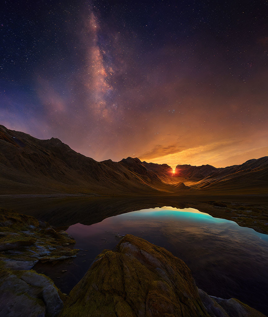 Tranquil nightscape with starry sky, mountain lake, and vibrant sunrise/sunset