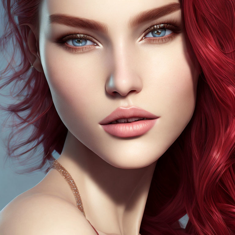 Close-up portrait of a woman with blue eyes, red wavy hair, and confidence