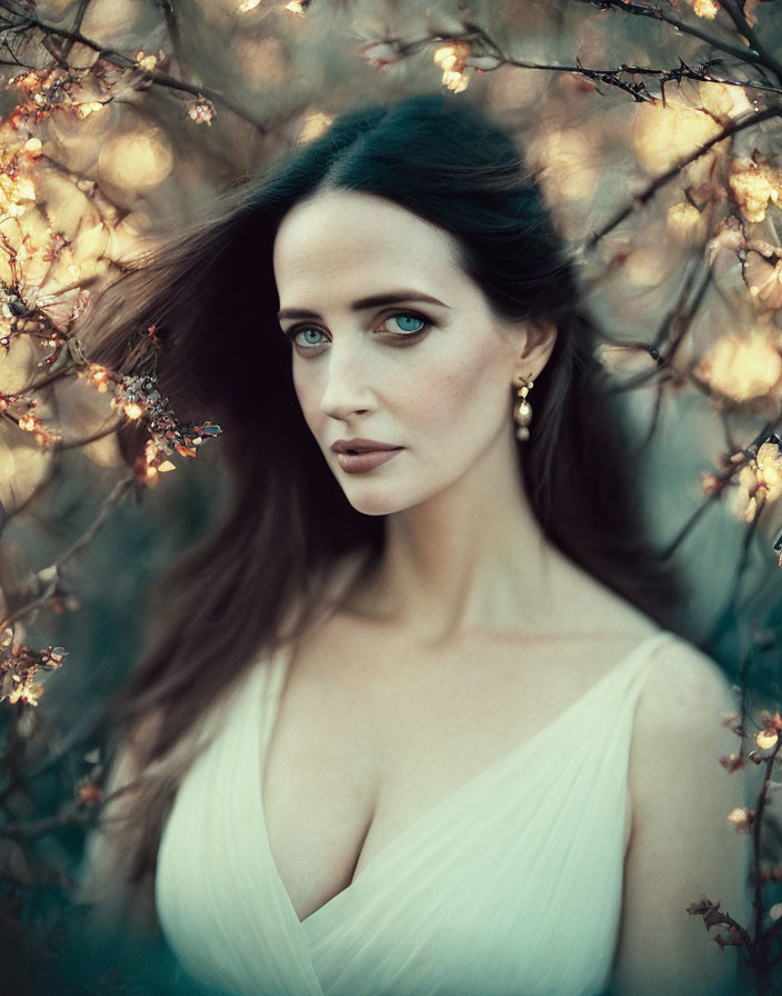 Dark-haired woman with striking blue eyes in white dress surrounded by lit-up bokeh and twigs.