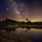 Tranquil nightscape with starry sky, mountain lake, and vibrant sunrise/sunset