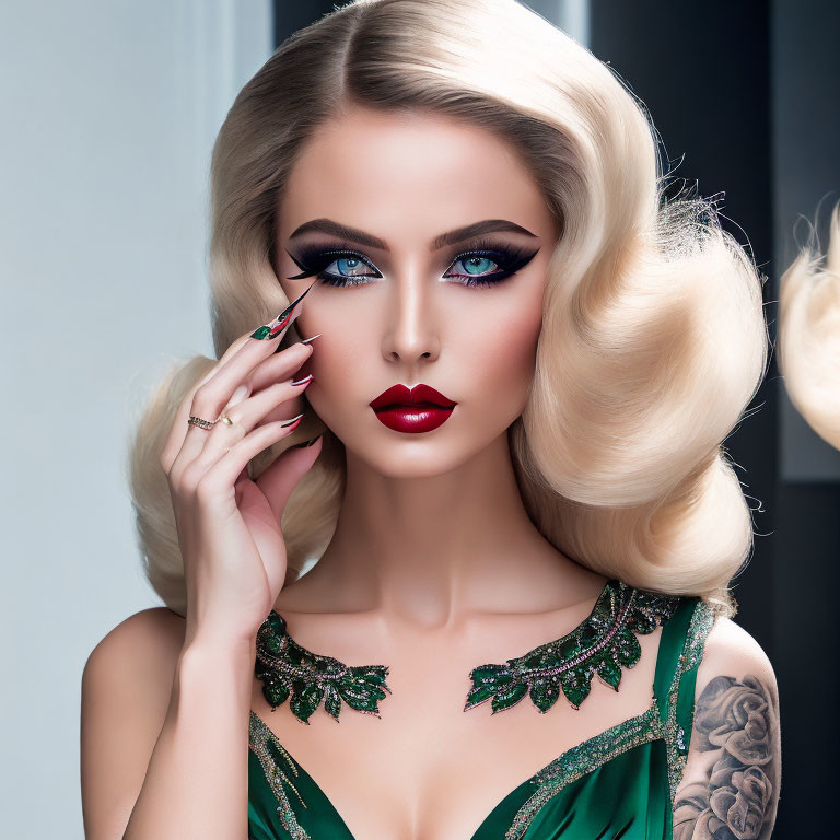 Woman with glamorous makeup, red lipstick, wavy blonde hair, green dress, ornate necklace,