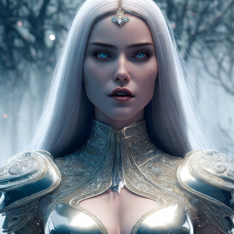 Fantastical female character with blue eyes and white hair in silver armor in wintry backdrop.