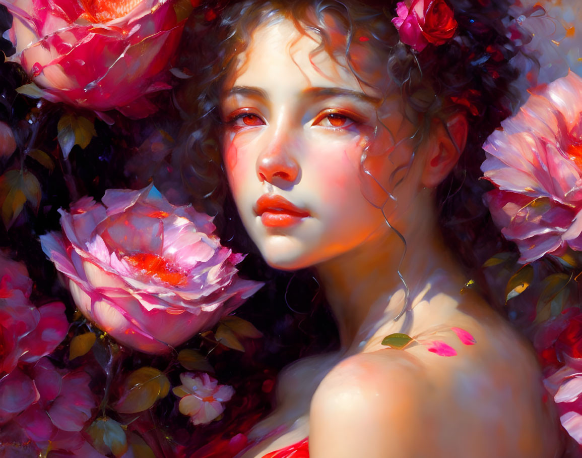 Ethereal beauty portrait with oversized roses and dreamy expression