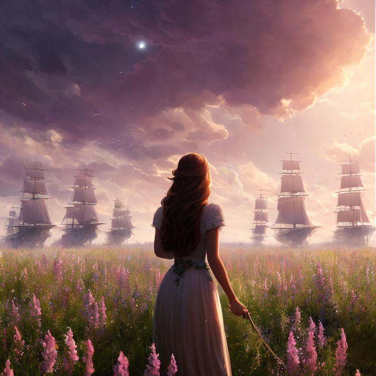 Woman in vintage dress admires ships in sky over blooming field