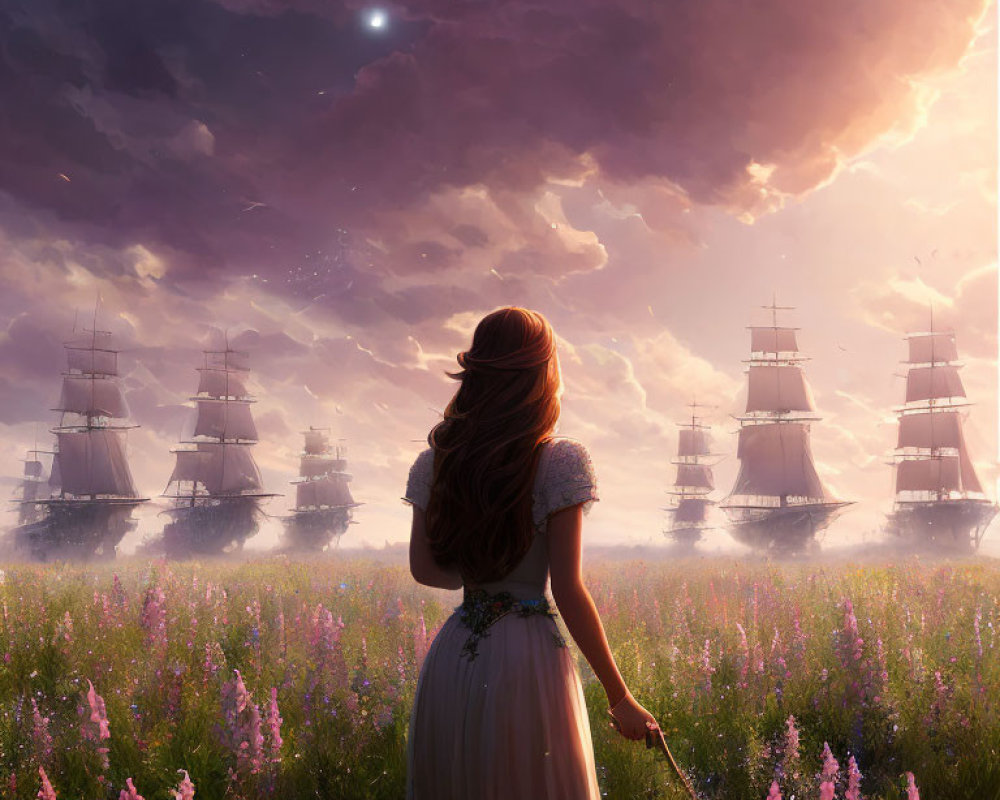 Woman in vintage dress admires ships in sky over blooming field