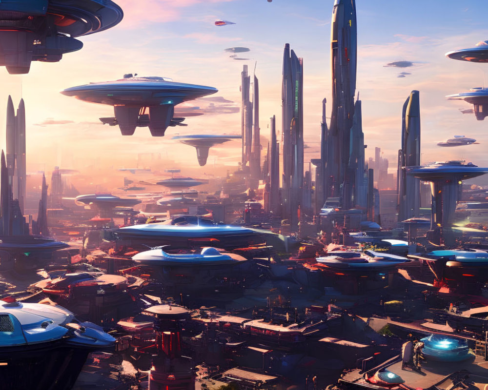 Futuristic cityscape with skyscrapers, flying vehicles, and floating platforms