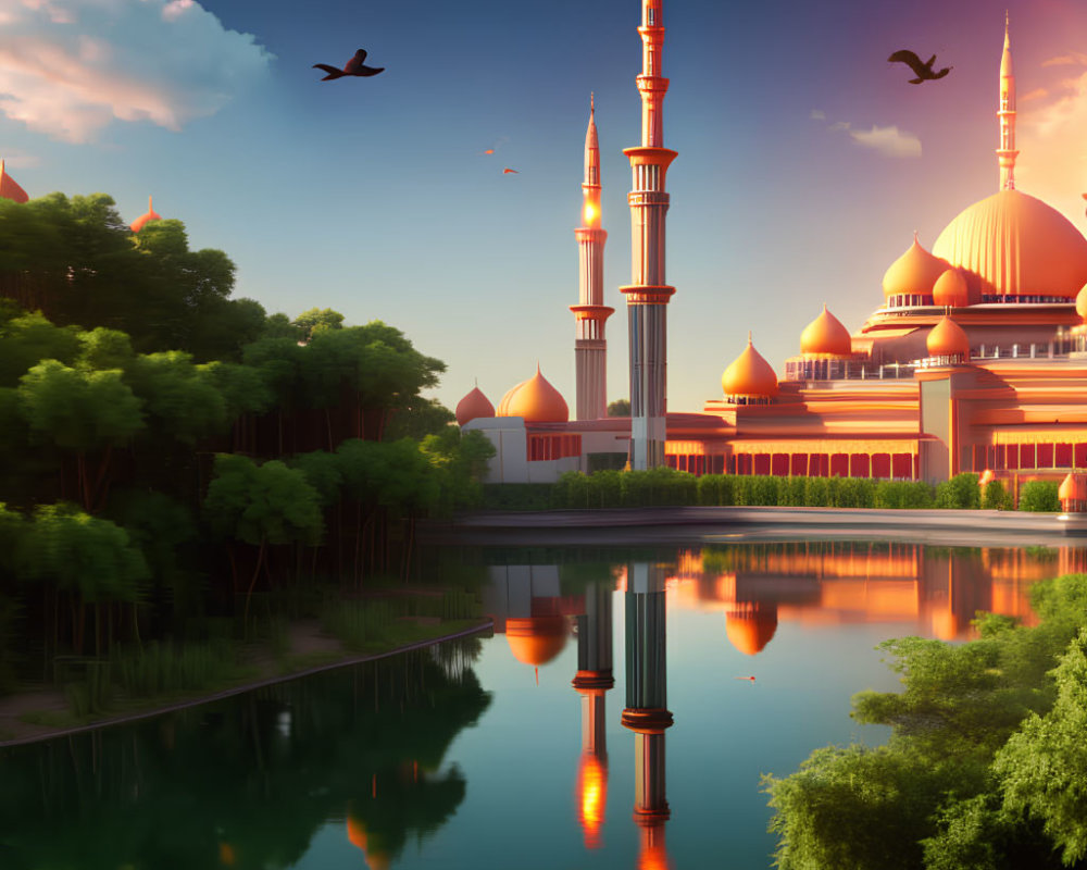 Majestic mosque with tall minarets and domes by calm waterfront