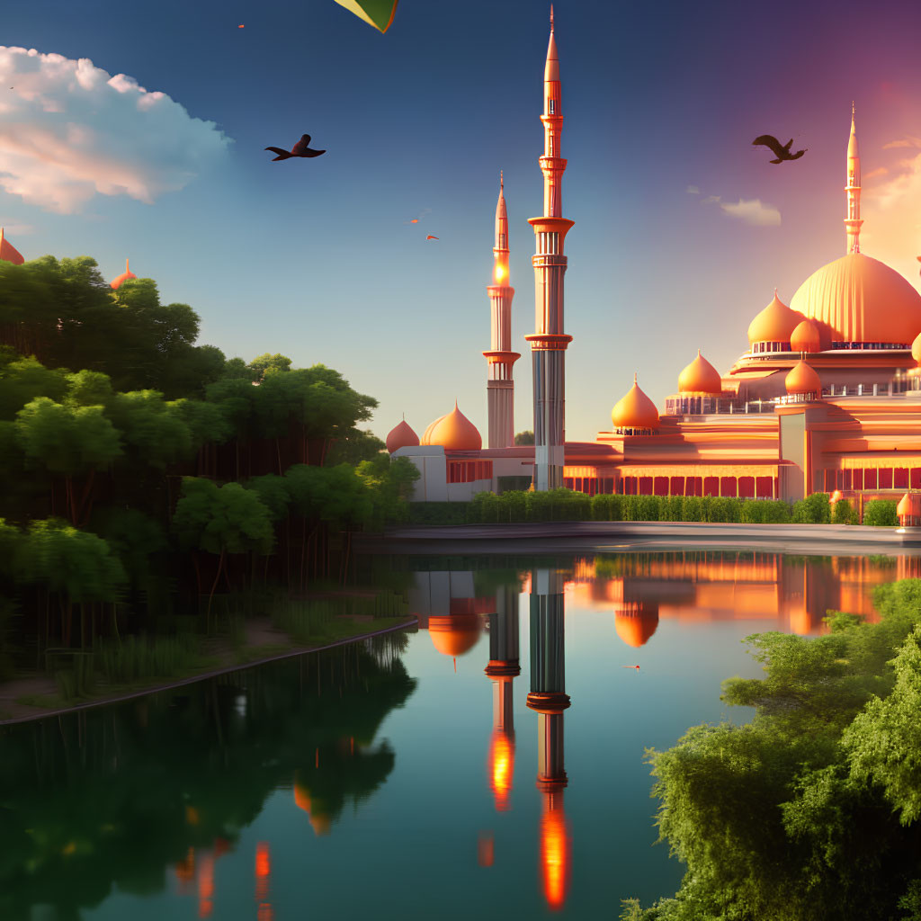 Majestic mosque with tall minarets and domes by calm waterfront