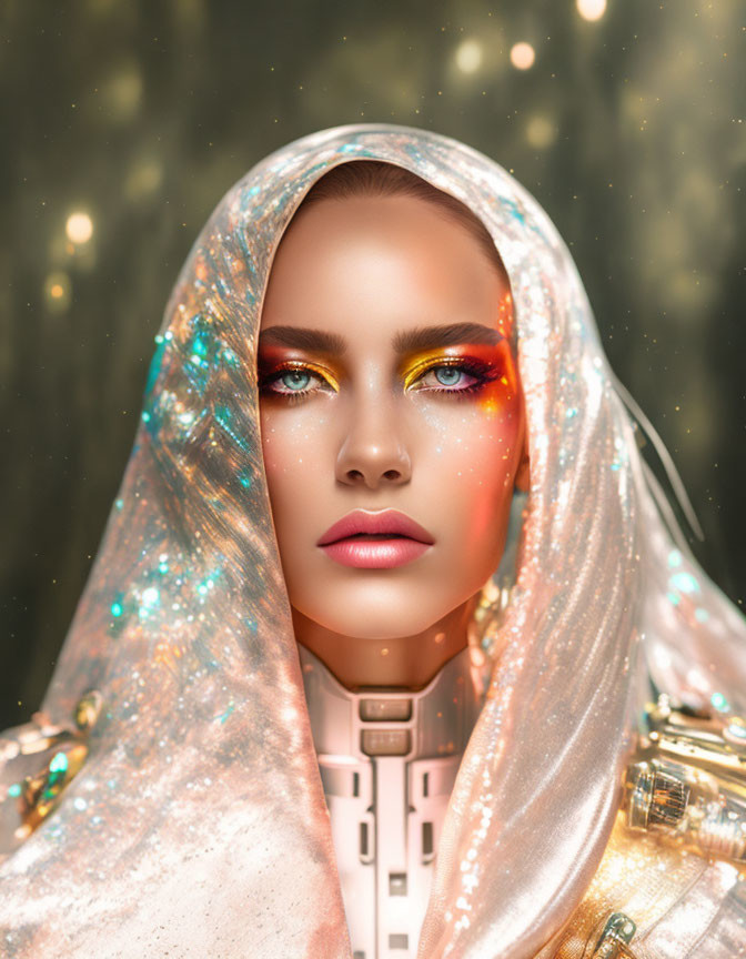 Colorful makeup woman wrapped in metallic fabric with futuristic aesthetic