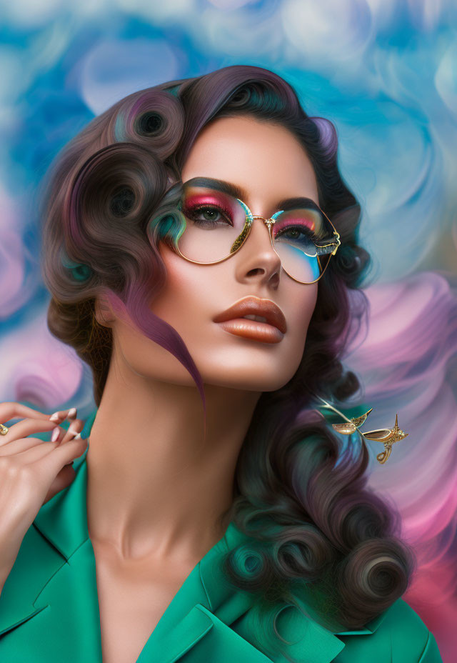 Colorful makeup and purple hair woman in ornate glasses and green blazer on blue swirl background