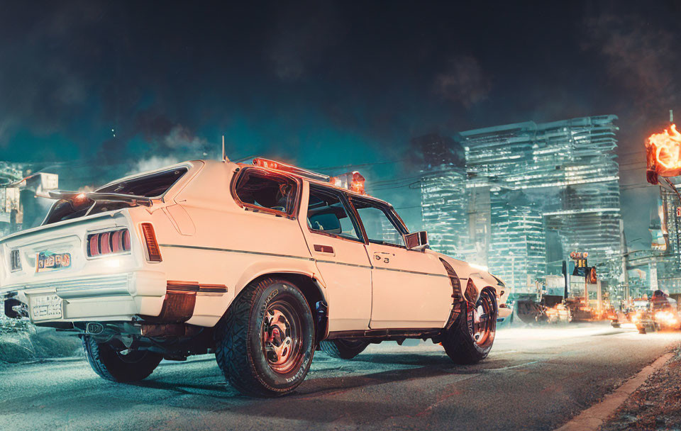 Vintage car on neon-lit city street with skyscrapers and fiery explosion