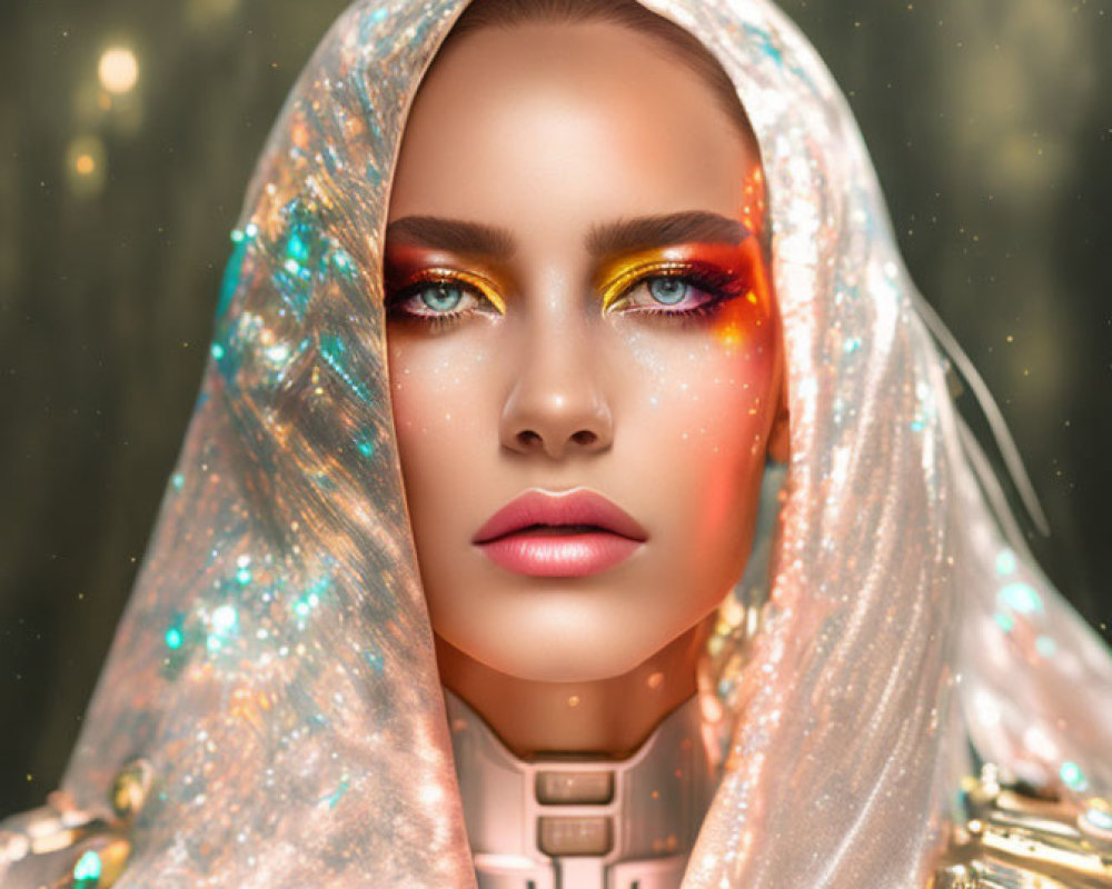 Colorful makeup woman wrapped in metallic fabric with futuristic aesthetic