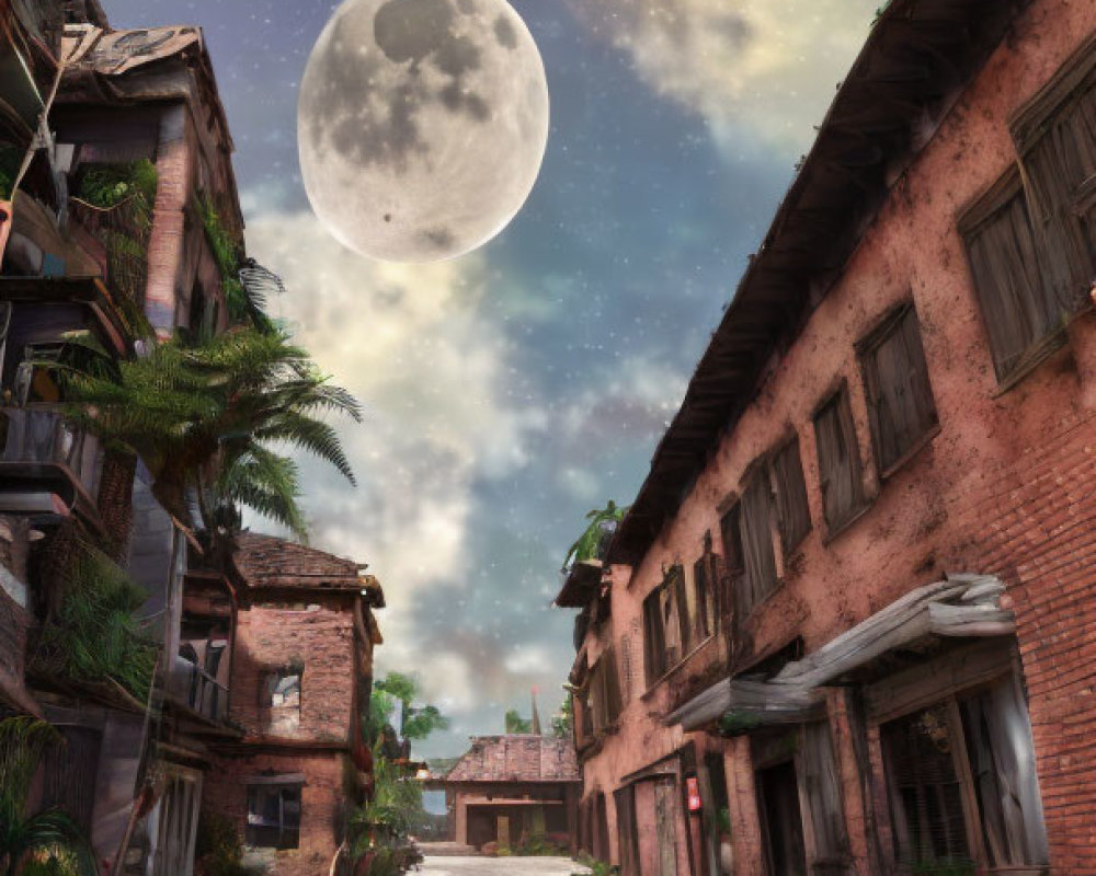 Desolate street with rundown brick buildings under dual moons.