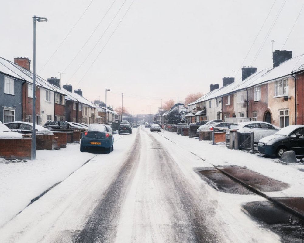 Snowy residential street scene with parked cars and terraced houses under cloudy sky