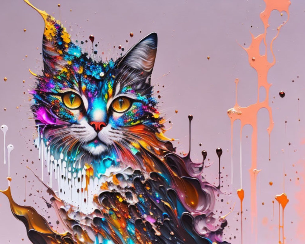 Colorful Cat Artwork with Melting Splashes and Abstract Background