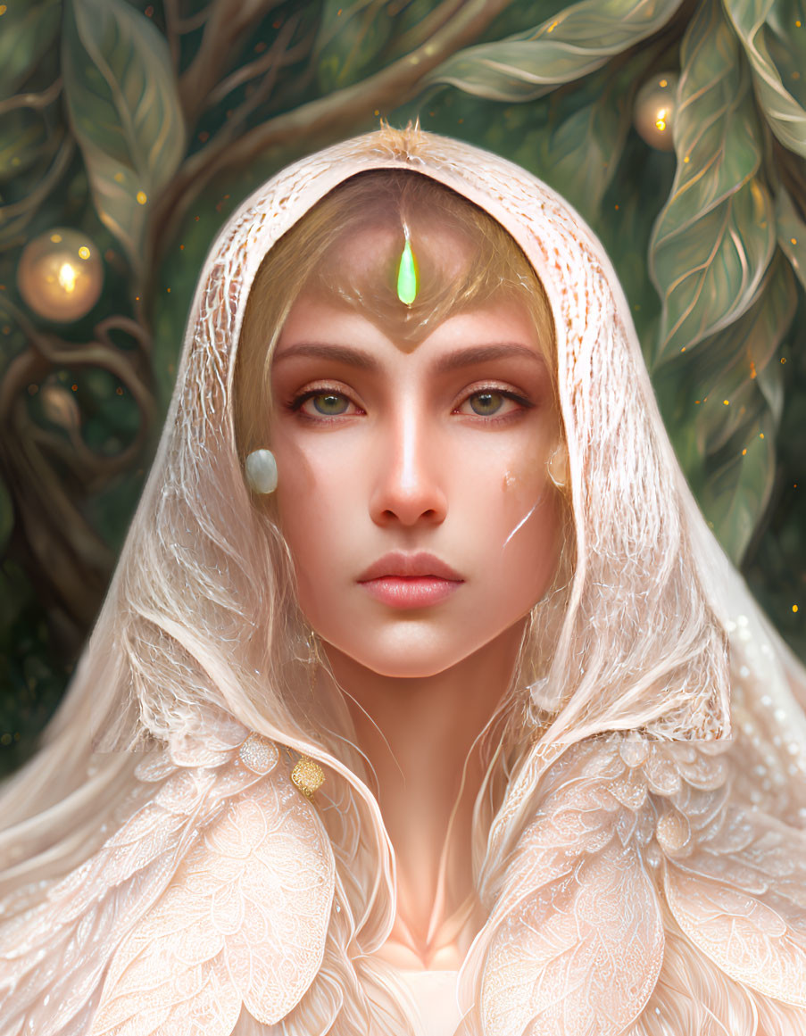 Fantasy character portrait with white hood and golden eyes in lush foliage
