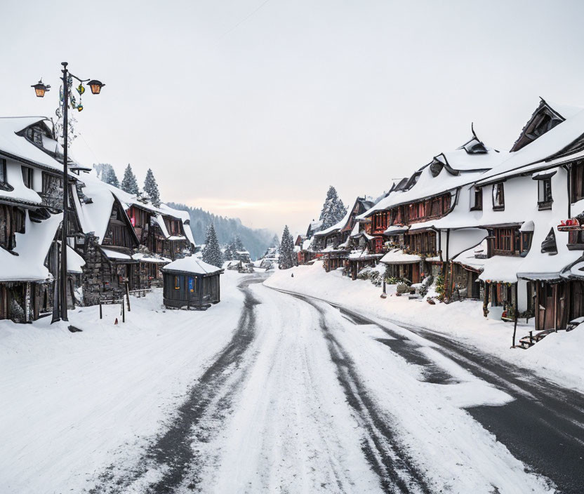 Winter scene: Snowy village street with traditional houses and decorative lamps