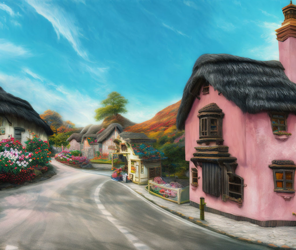 Quaint Thatched-Roof Houses on Colorful Street