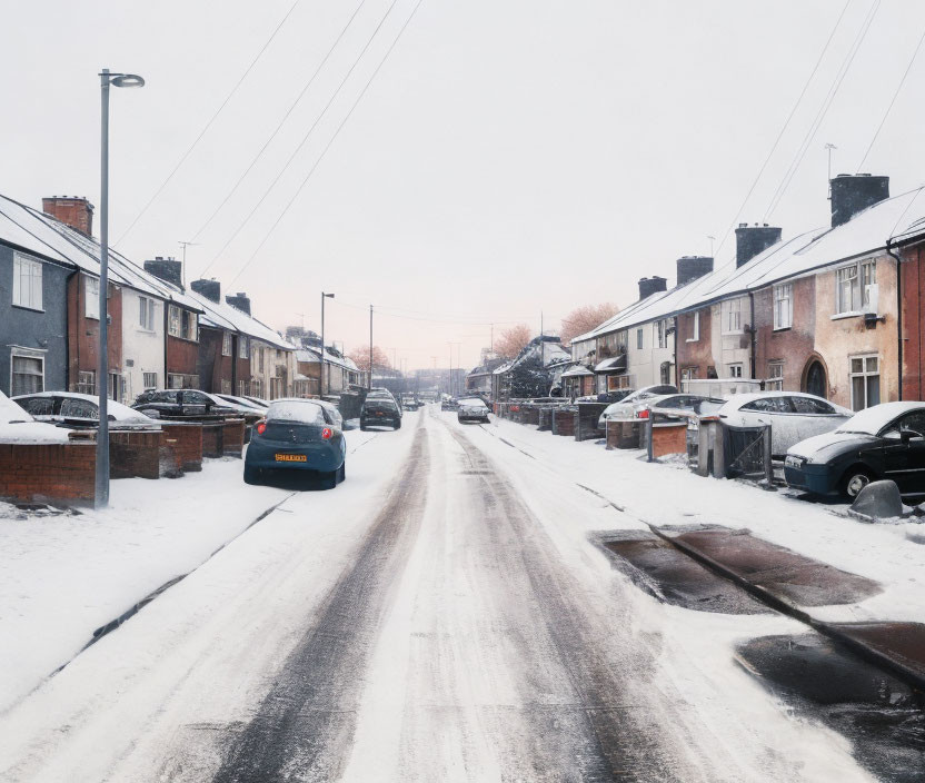 Snowy residential street scene with parked cars and terraced houses under cloudy sky