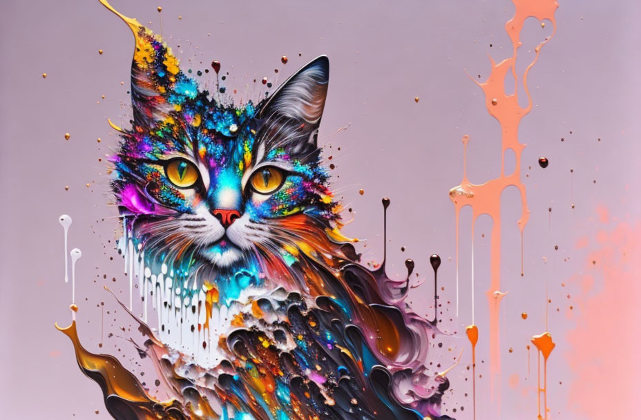 Colorful Cat Artwork with Melting Splashes and Abstract Background