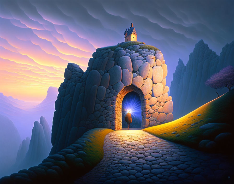 Surreal landscape with stone pathway, glowing archway, small castle, purple clouds.