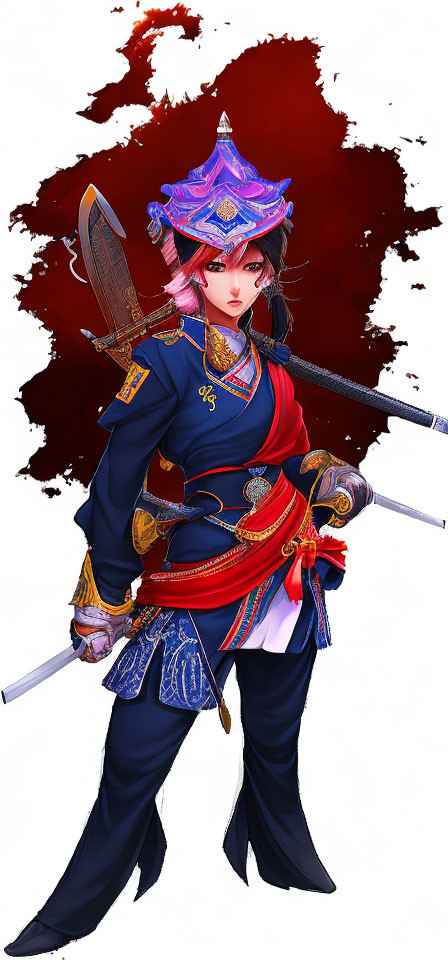 Traditional Asian Female Warrior Illustration with Dual Swords and Decorated Helmet