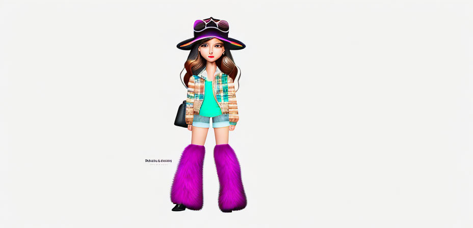 Animated girl with long brown hair in colorful outfit and purple boots carrying black bag