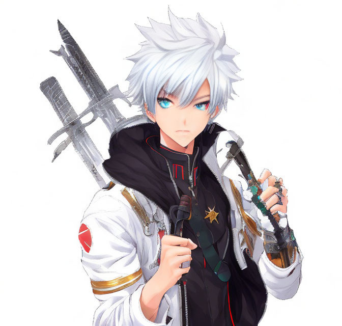 Spiky Silver-Haired Anime Character with Sword and Star Emblem