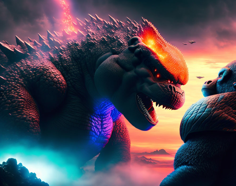 Glowing Godzilla vs. King Kong: Dramatic Dusky Sky Showdown
