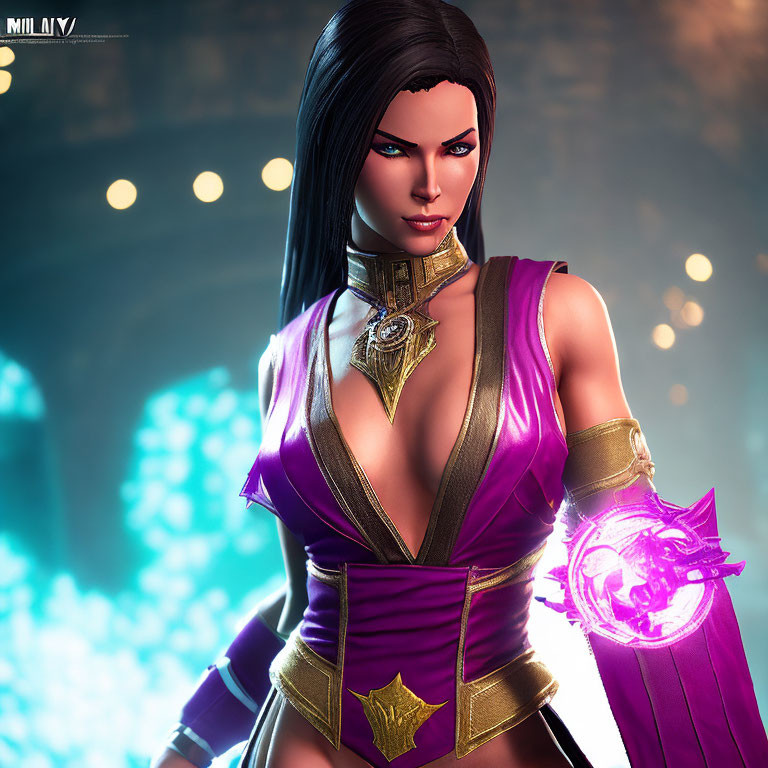 Stylized intense portrait of female video game character in purple outfit