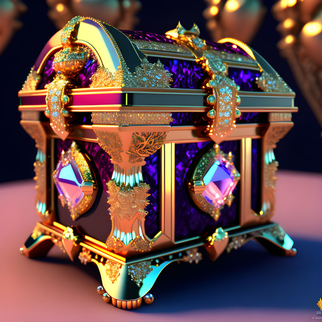 Jewel-encrusted treasure chest with gold and purple details on blue background