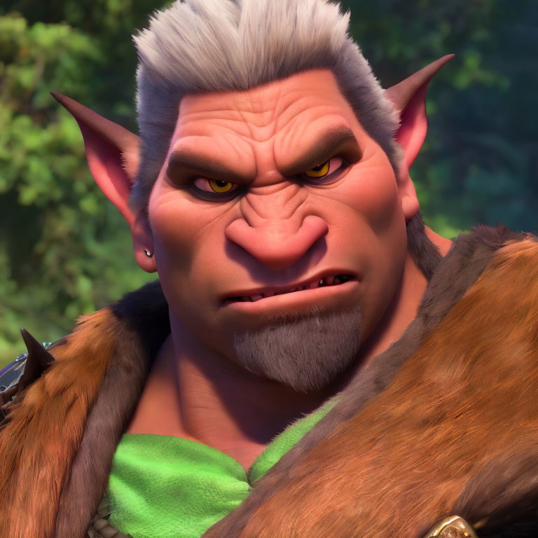 Muscular grey-skinned character in fur-lined outfit scowls intensely