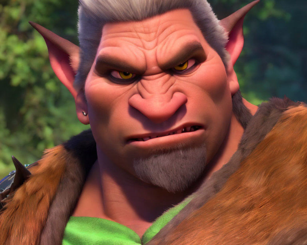 Muscular grey-skinned character in fur-lined outfit scowls intensely