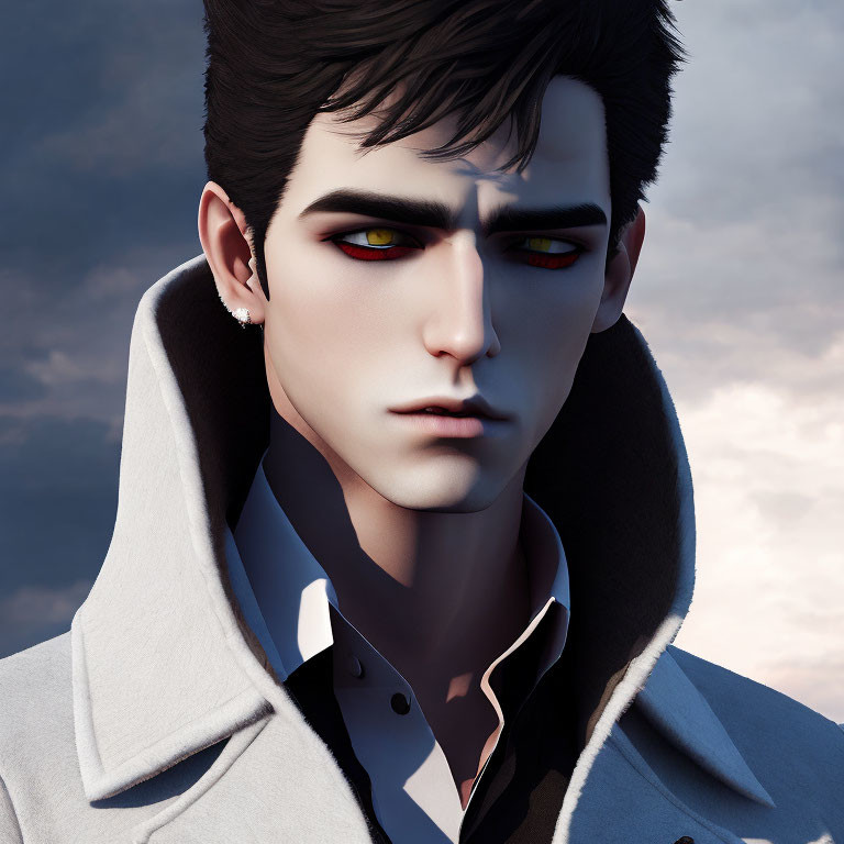 Brooding male character with red eyes and dark hair in gray hoodie and collared shirt