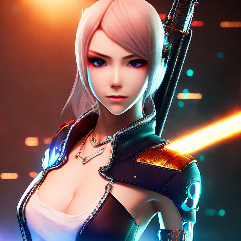 Digital Artwork: Female Character in Futuristic Armor with White Hair and Red Eyes