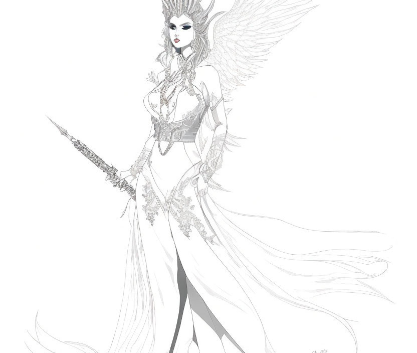Majestic winged female figure in fantasy armor wields spear & ornate mask