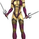 Fantasy female warrior with dual swords in purple and gold costume