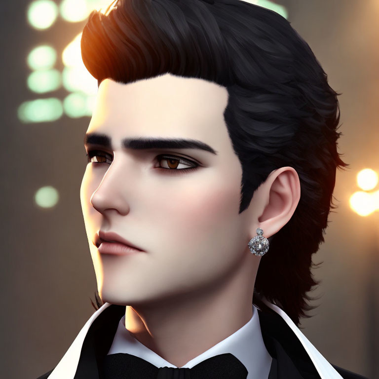 Stylized man in tuxedo with slicked-back hair and earring on blurred background