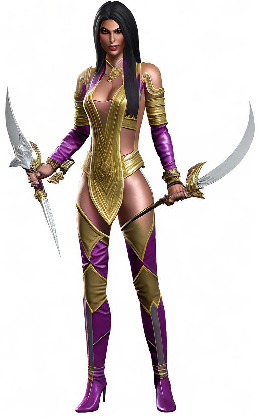 Fantasy female warrior with dual swords in purple and gold costume