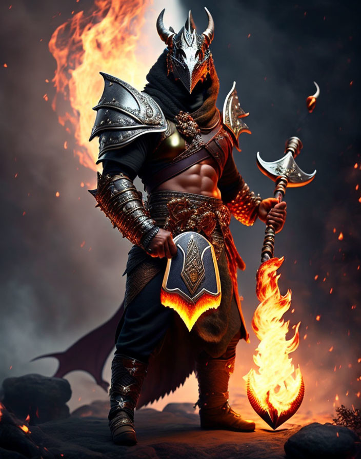 Armored warrior with flaming axe in fiery backdrop