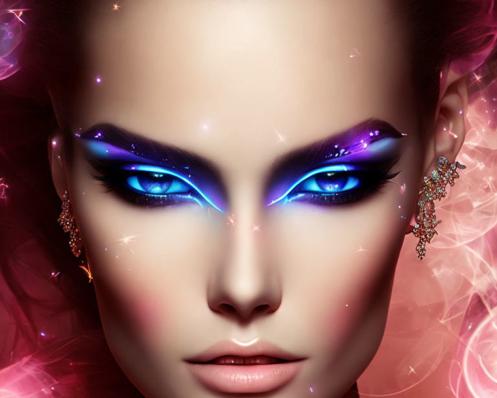 Digital artwork featuring woman with blue eye makeup, stars, earrings on pink background