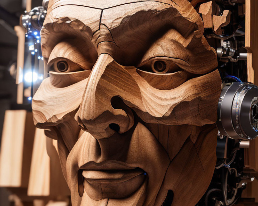 Detailed wooden sculpture of expressive human face with mechanical elements